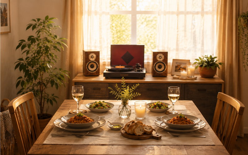 柔らかな光が差し込むリビングで、二人分の食卓とレコードプレーヤーが並ぶ穏やかな暮らしの風景。