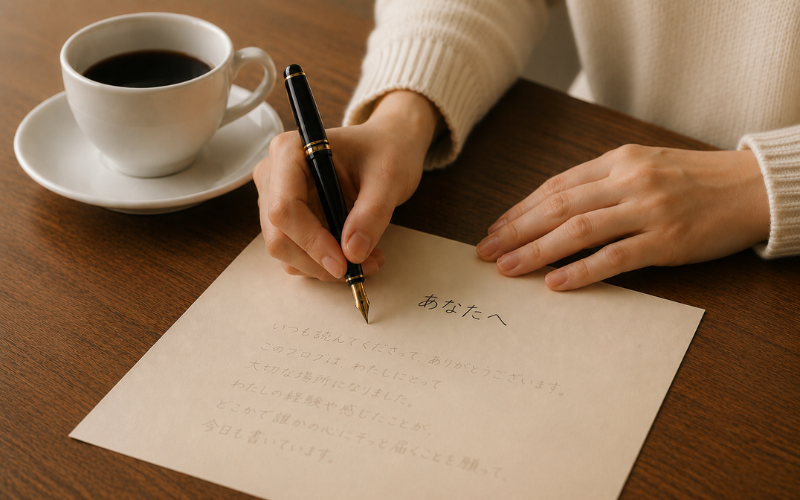 ブラックコーヒーを傍らに置き、「あなたへ」と手紙を書き始める温かなひととき。ブログに込めた想いを届けるイメージ。