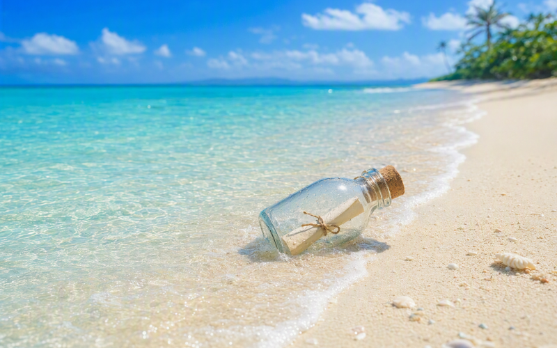 透き通る海辺の波打ち際に、小さな手紙が入ったガラス瓶が静かに置かれている風景
