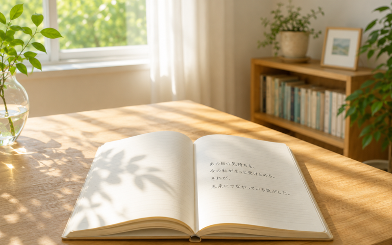 窓からやわらかな光が差し込む部屋で、開かれたノートが机の上に置かれている風景