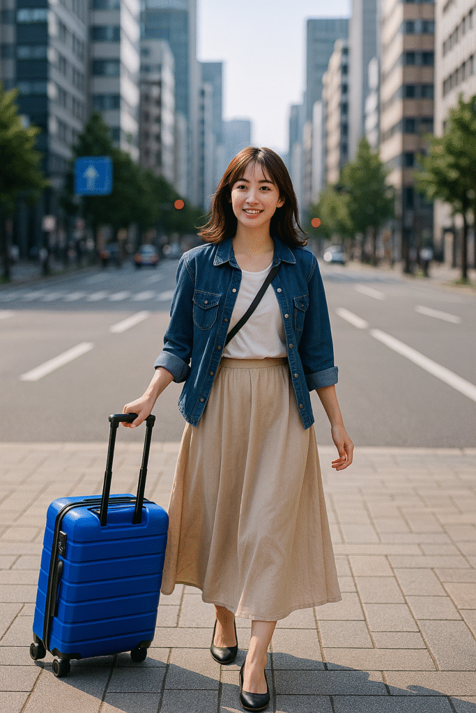 大阪観光にぴったりな軽量キャリーケースを持って街を歩く女性の写真。移動の多い旅行でも使いやすいデザイン。