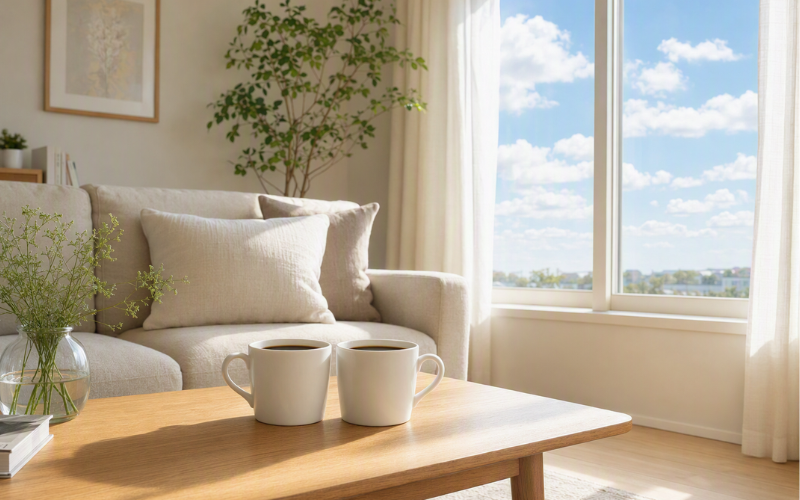 窓から青空が見える部屋で並んだ二つのコーヒーカップ